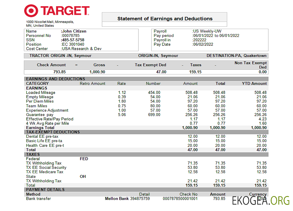 Fiche de paie d'une entreprise de vente au détail américaine Target